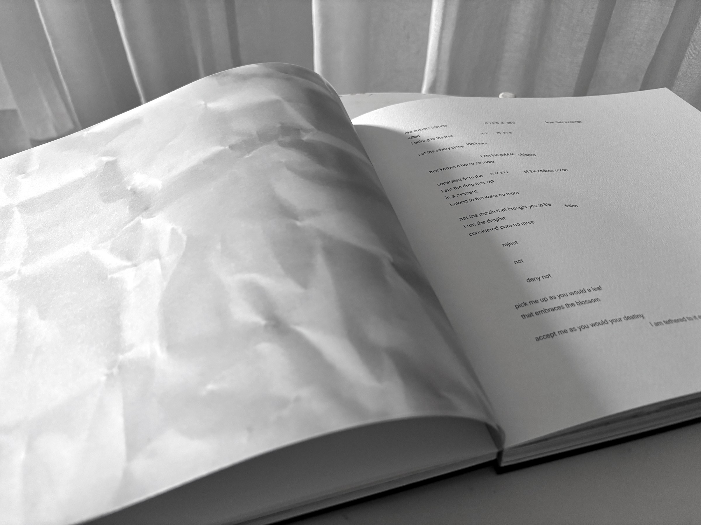 The book open on a chair in daylight, the crumpled butter paper page curving up from the poem beside it