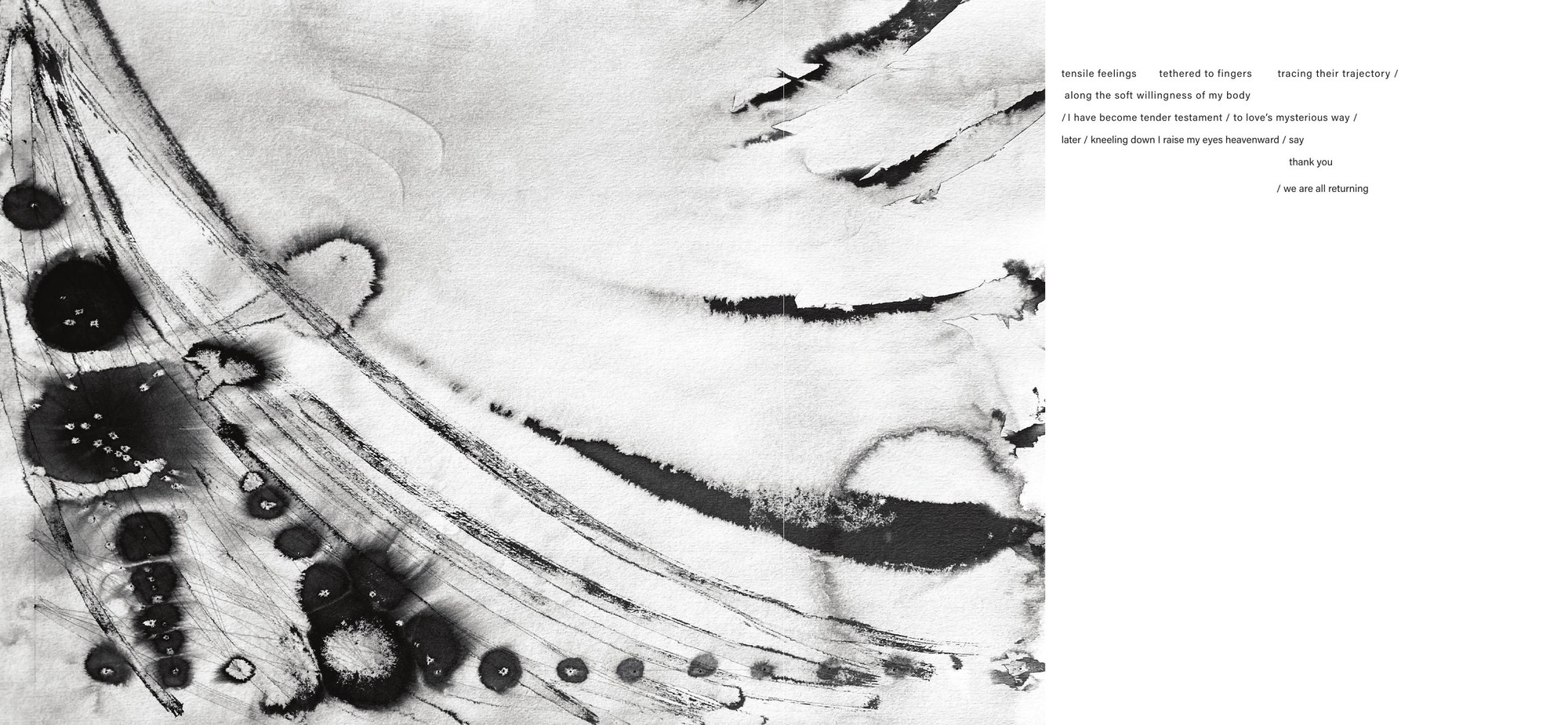 A great sweep of ink and blooming dots across the page, a poem set small on the facing side